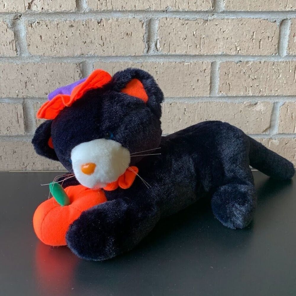 Halloween Black Cat Pumpkin Plush with Blue Eyes and Hat 16.5 in